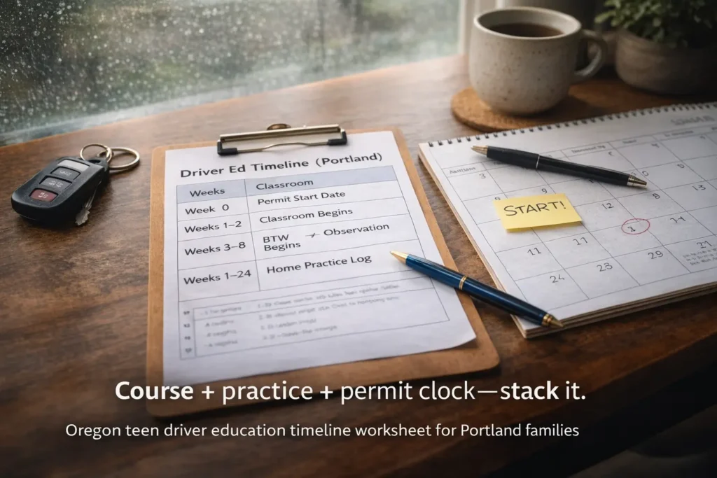 Oregon teen driver education timeline worksheet on a kitchen table with keys, pen, coffee, and a calendar by a rainy window in Portland