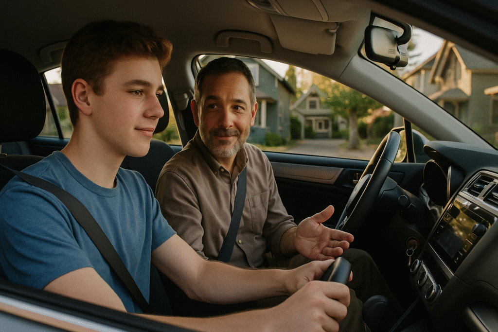 portland driving school teen learning to drive with parent instructor practicing safe driving techniques