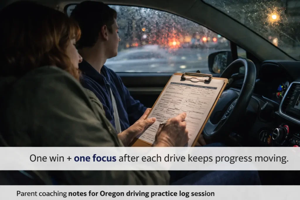 Parent coaching notes for Oregon driving practice log session at night