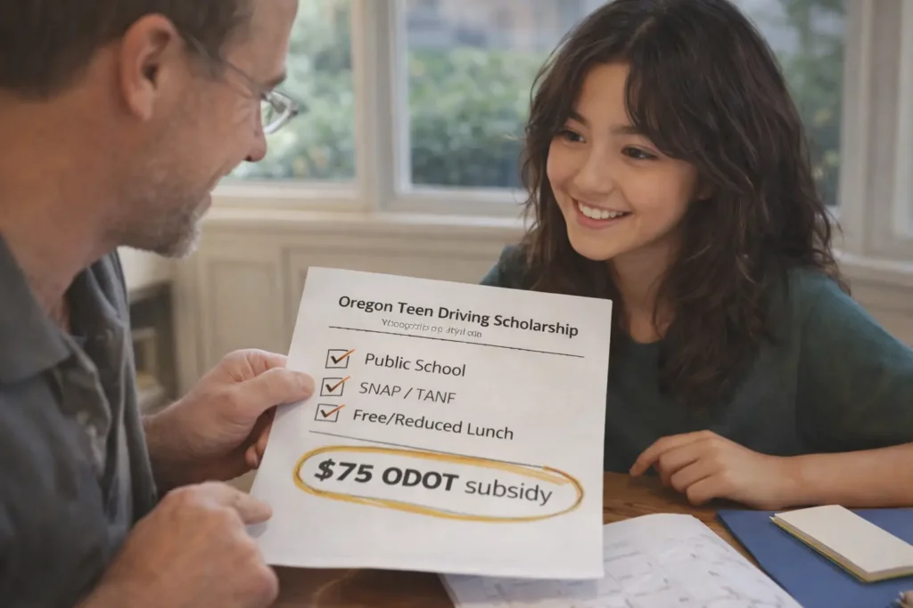 Parent reviewing Oregon teen driving scholarship $75 subsidy checklist