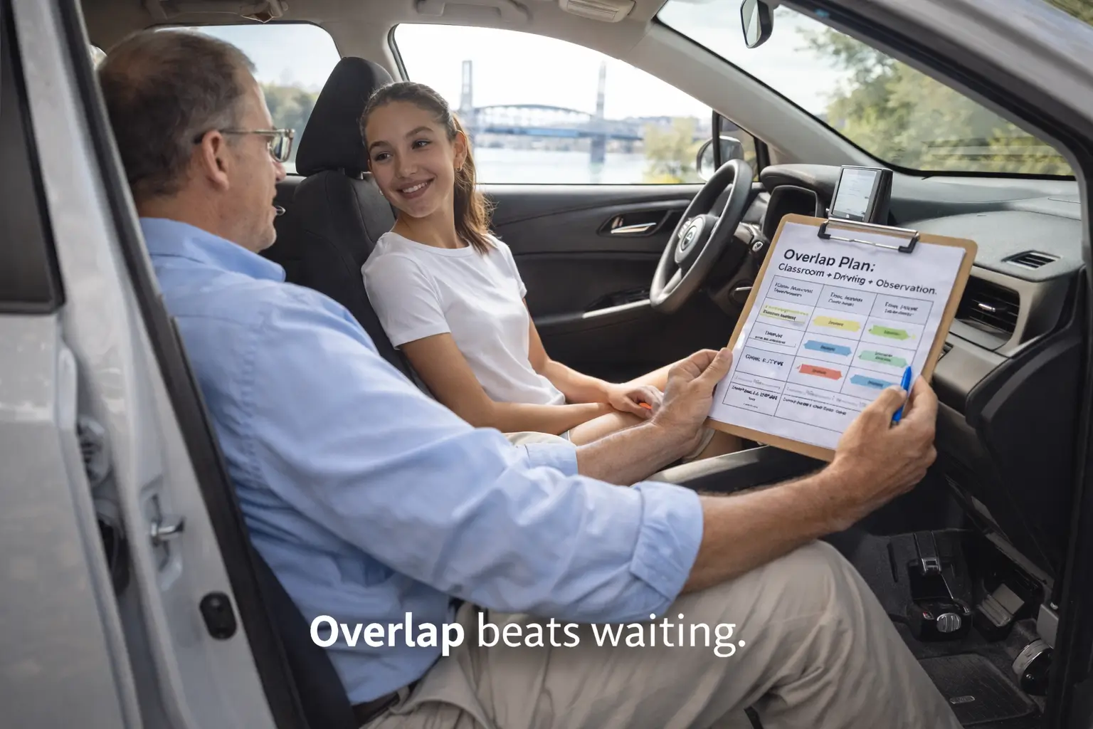 Instructor explaining how classroom, driving, and observation overlap in Oregon teen driver ed while seated in the passenger seat with the door open