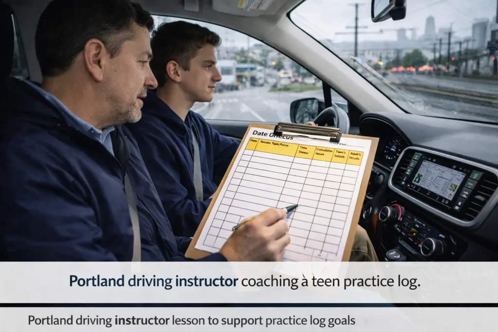 Actual picture of Oregon driving practice log in a Portland training SUV