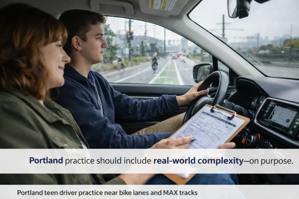 Portland teen driver practice near bike lanes and MAX tracks