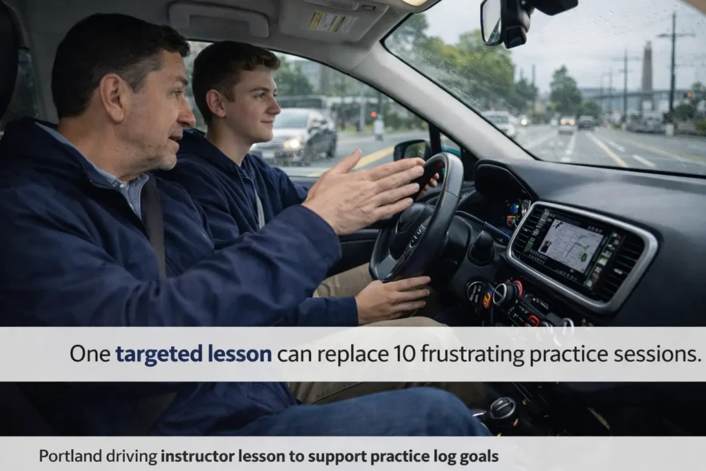 Portland driving instructor lesson to support practice log goals with target lessons from a certified instructor