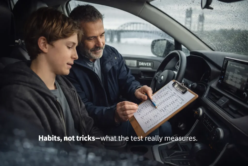 Teen drive test recovery plan with Portland instructor in a training SUV