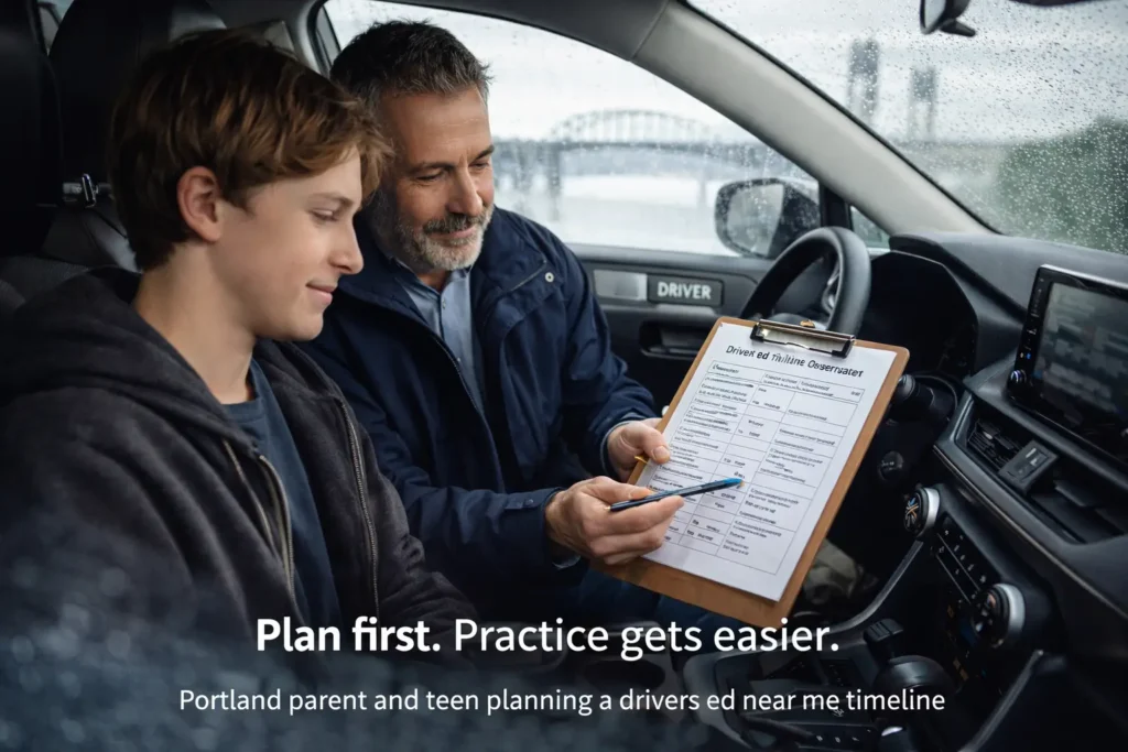 Teen holding an Oregon instruction permit next to a calendar showing a six-month permit timeline inside a car in Portland