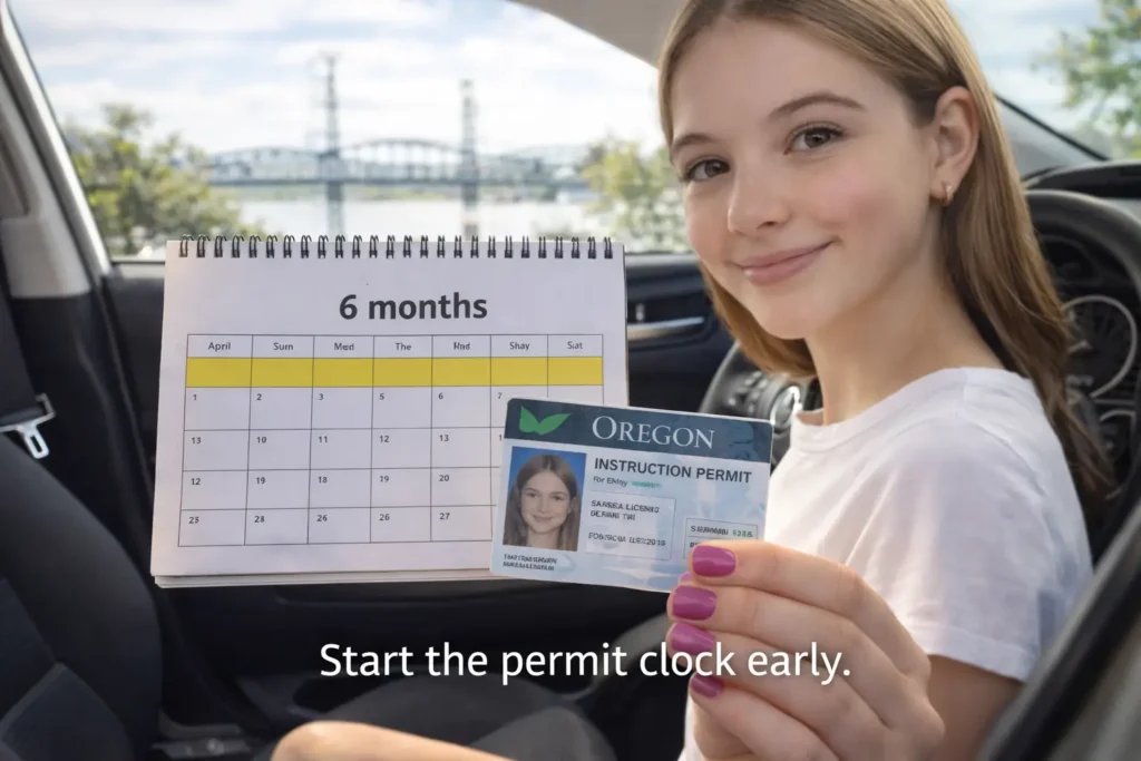 Portland teen and parent in a softly lit car at night reviewing practice notes after a drive, with rain outside the window