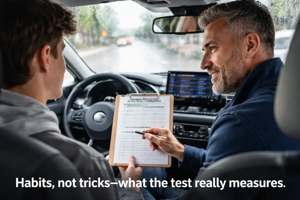 Instructor explaining what a teen drive test evaluates in a training SUV